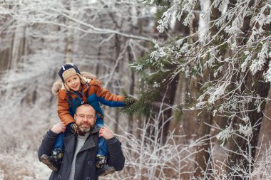Genç baba ve l sakallı kış ormandaki yürüyüşte küçük oğlu. Erkek adam omuz oturur. Noel tatil.