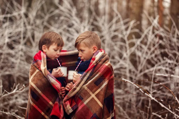 Dzieci Pić Gorącą Czekoladę Pod Ciepłym Kocem Zimowym Lesie — Zdjęcie stockowe