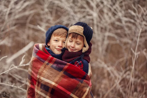 Два Маленьких Мальчика Обнимаются Теплым Одеялом Зимнем Лесу Брат Любит — стоковое фото