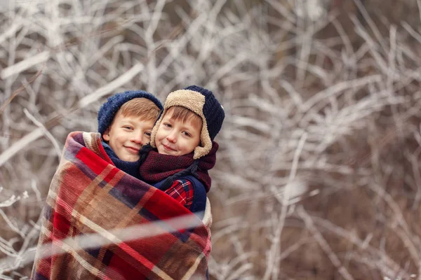 Dwóch Małych Chłopców Przyjaciół Przytulić Pod Ciepłym Kocem Zimowym Lesie — Zdjęcie stockowe