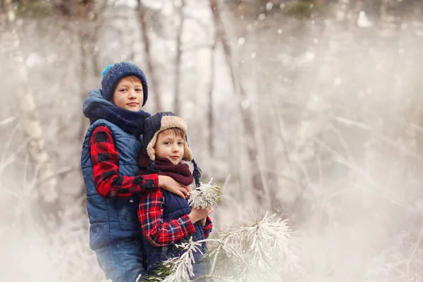 Dwóch Małych Chłopców Przyjaciół Przytulanie Zimowym Lesie Brat Miłości Pojęcie — Zdjęcie stockowe
