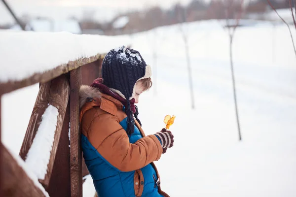 Pequeno Bebê Brincando Comendo Galo Doce Dia Inverno Crianças Brincam — Fotografia de Stock
