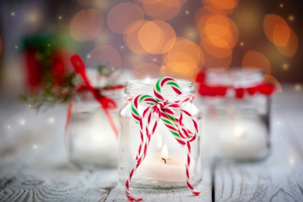 Karácsonyi Dekoráció Holiday Háttér Jar Gyertyákkal — Stock Fotó