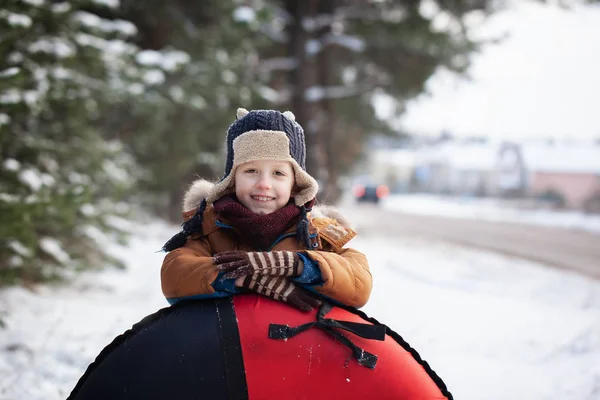 Portrait Little Baby Tube Winter Day Cute Boy Play Outdoors — Stock Photo, Image