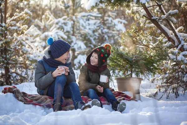 Família Feliz Dois Irmãos Uma Caminhada Inverno Livre Bebendo Chocolate — Fotografia de Stock