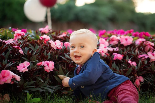 Cute Playful Smiled Blond Years Old Boy Sitting Green Grass — Stock Photo, Image