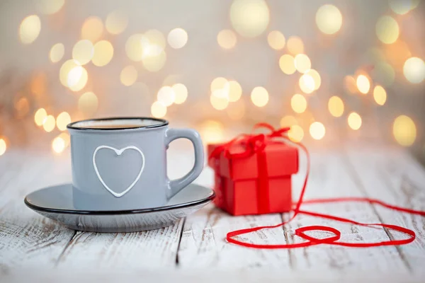 Mug Coffee Heart Red Present Box Concept Valentine Day — Stock Photo, Image