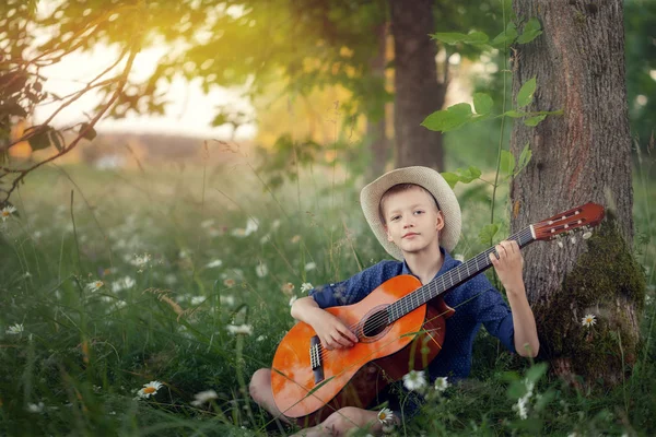 Handsome Boy Guitar Relaxing Park Kid Sitting Grass Summer Day — Stock Photo, Image