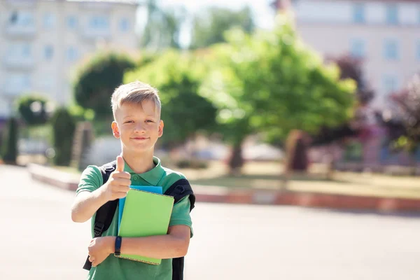 Handsome Schoolboy Outdoors Sunny Day Teenager His Backpack Holding Books — Stock Photo, Image