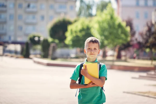 Söt Liten Skolpojke Utomhus Solig Dag Barn Med Sin Ryggsäck — Stockfoto