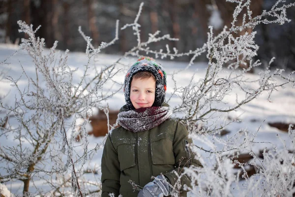 Portrait Cute Little Boy Warm Clothes Playing Outdoors Snowfall Winter — Stock Photo, Image