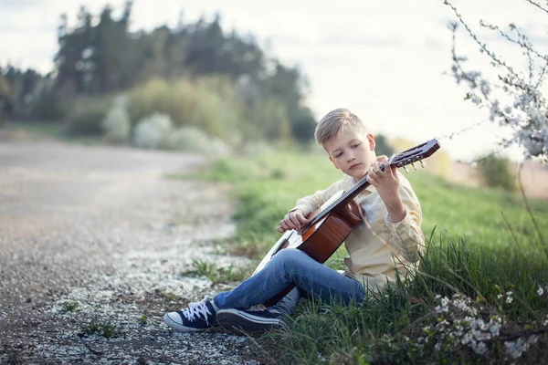 Guapo adolescente con guitarra sentado en la hierba en el parque . —  Fotos de Stock