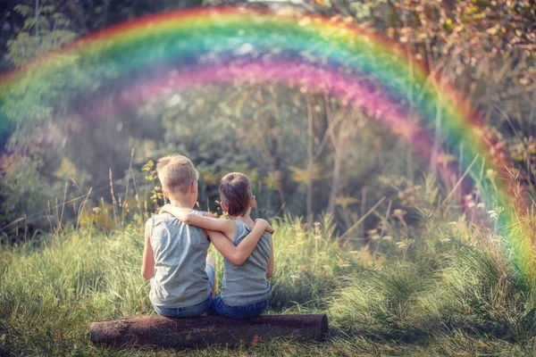Dois meninos amigos segurando e apreciando a natureza com arco-íris no dia ensolarado de verão , — Fotografia de Stock