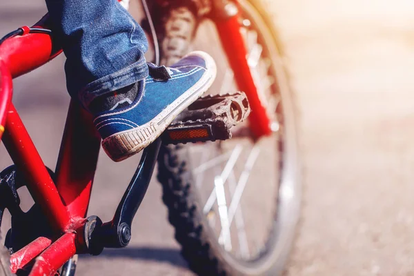 Çocuklar erken sabah yaz günü asfalt yol, bir bisiklet üzerinde.