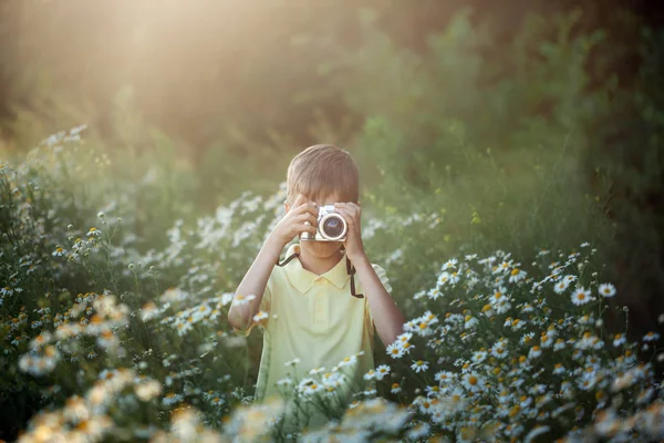 かわいい少年カメラマンは、自然の中でカメラで撮影します。子供はカモミールの花畑で写真を撮ります. — ストック写真