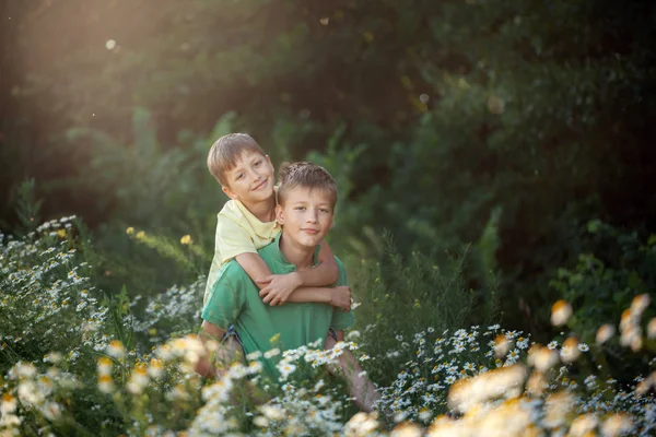 Dos hermanos hermanos amigos abrazándose en verano día soleado. Concepto amistad . — Foto de Stock