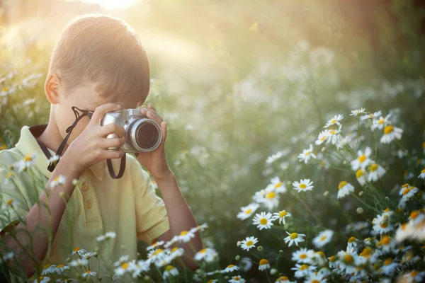 Aranyos fiú fotós hajtások a kamera jellegű. Kid vesz egy fotót a kamillavirág mező. — Stock Fotó