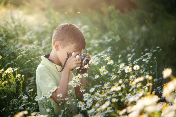 Süße junge Fotograf schießt mit der Kamera in der Natur. Kind macht ein Foto im Kamillenblütenfeld. — Stockfoto