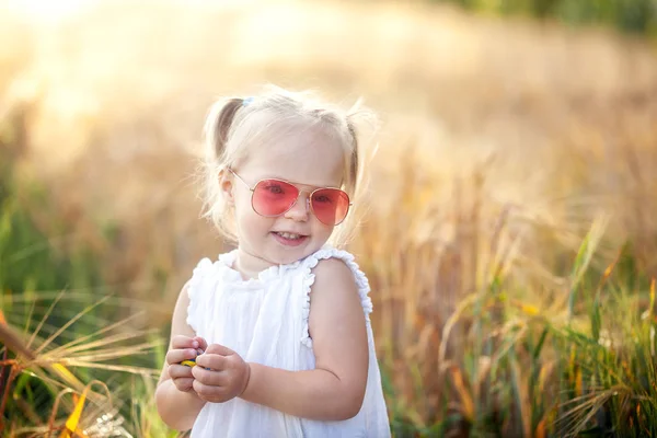 Милая маленькая девочка в белом платье на поле ржи в летний день . — стоковое фото