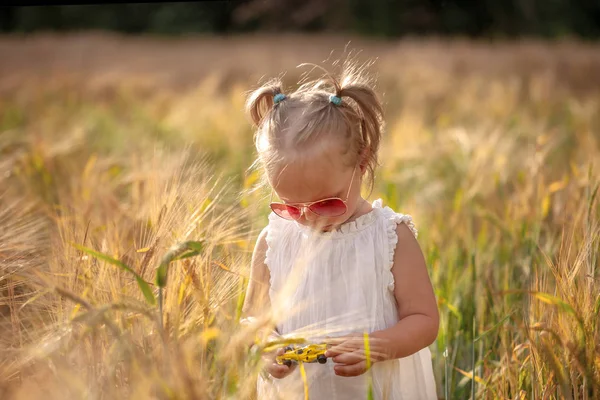 Little girl playing in sunny summer field. Baby in white dress and sunglasses. — Stock Photo, Image