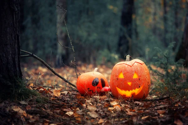 Fundo de Halloween com jack o abóbora lanterna. Conceito de feriado de Halloween com duas abóbora assustadora na floresta escura . — Fotografia de Stock