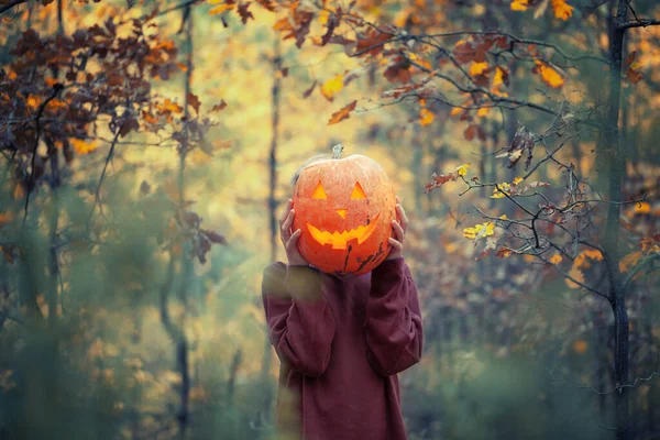 Niño sosteniendo calabaza tallada para Halloween en frente de su cabeza en el oscuro bosque de otoño . — Foto de Stock