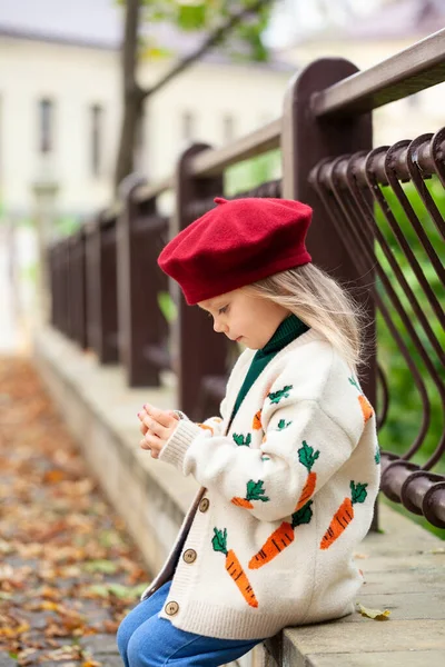 Hermosa Chica Rubia Soleado Parque Otoño Niño Jugando Parque Otoño — Foto de Stock