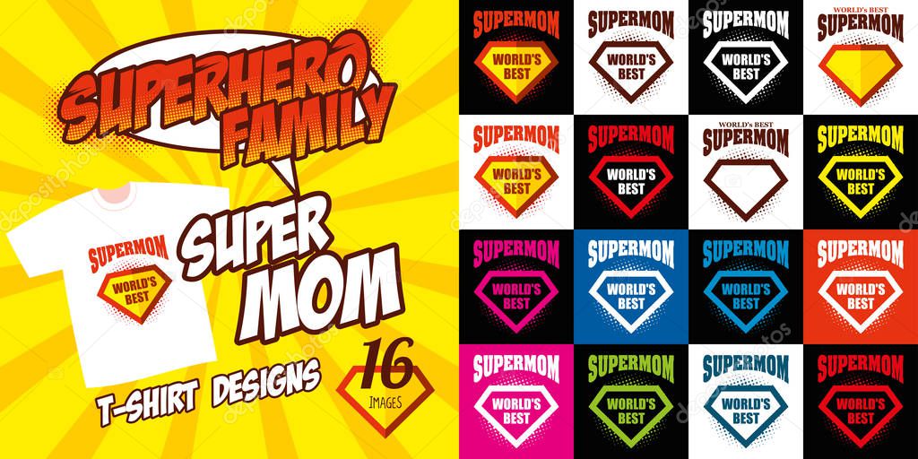 Set Super mom logo superhero Vector illustration T-shirt design