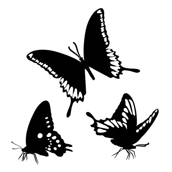 Μαύρες σιλουέτες πεταλούδες απομονωμένη λευκό φόντο αυτοκόλλητα — Διανυσματικό Αρχείο