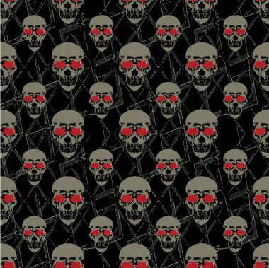 Kafatasları motifi Dikişsiz grafik desen tasarımı siyah bir arka plana dayanır.