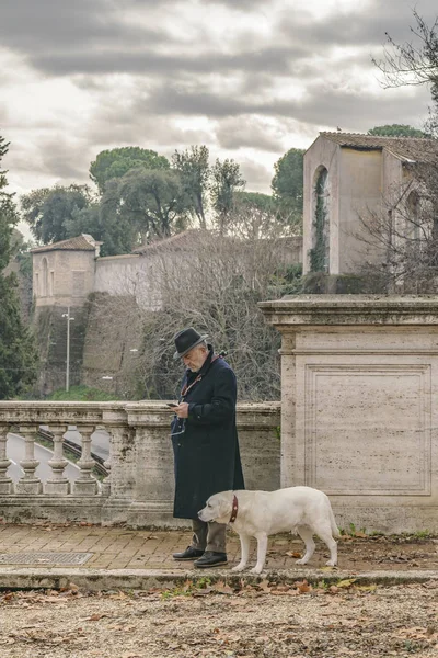 Roma, İtalya, Aralık - 2017 - komuta sizde izlerken onun smartphone eşlik köpeği Villa Borghese Park, Rome, İtalya