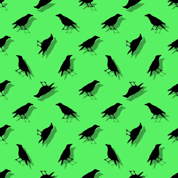 Conversational seamless pattern design with birds silhouette graphic motif in green and black colors