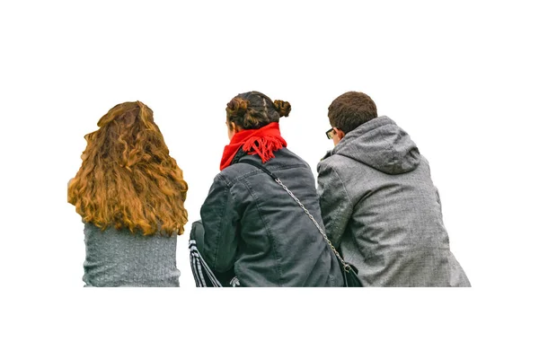 Indietro Vista Corpo Parte Giovani Amici Con Vestiti Invernali Isolati — Foto Stock