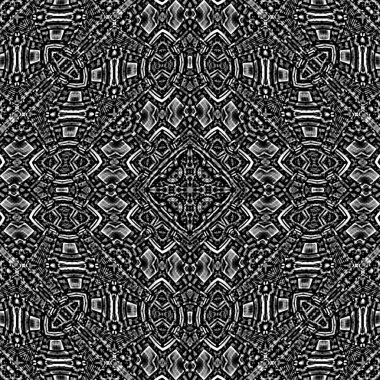 Dijital stil tekniği. Modern soyut geometrik etnik veya kabile tarzı. Siyah ve beyaz renklerde kusursuz desen tasarımı.