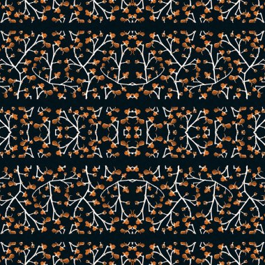 Koyu mavi arka plan karşı turuncu ve beyaz renklerde Dijital Kolaj tekniği çiçek dantel motif seamless modeli.