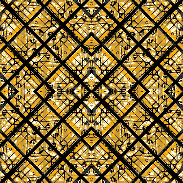 オレンジ色と黒と白の色で複雑な複雑な幾何学的なエスニック風のシームレスなパターン — ストック写真