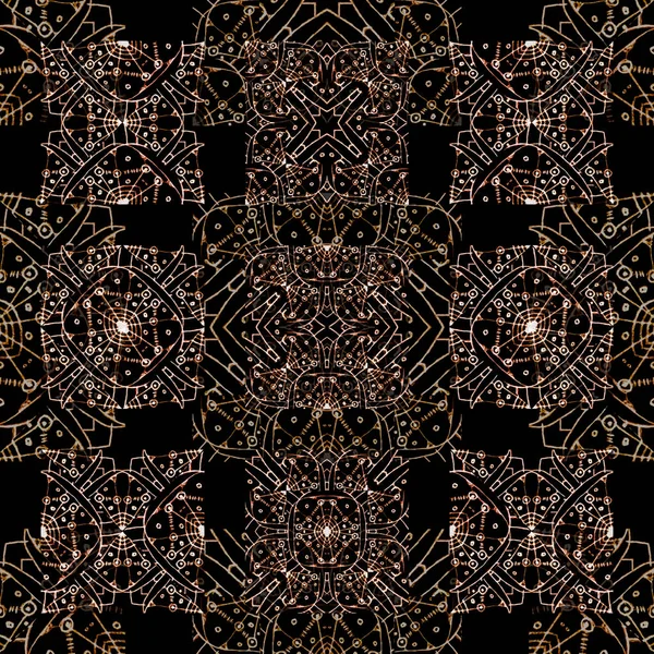 デジタル アート技術幾何学的な華やかな民族や部族抽象的な複雑なシームレス パターン温かみのある色調 黒の背景で — ストック写真