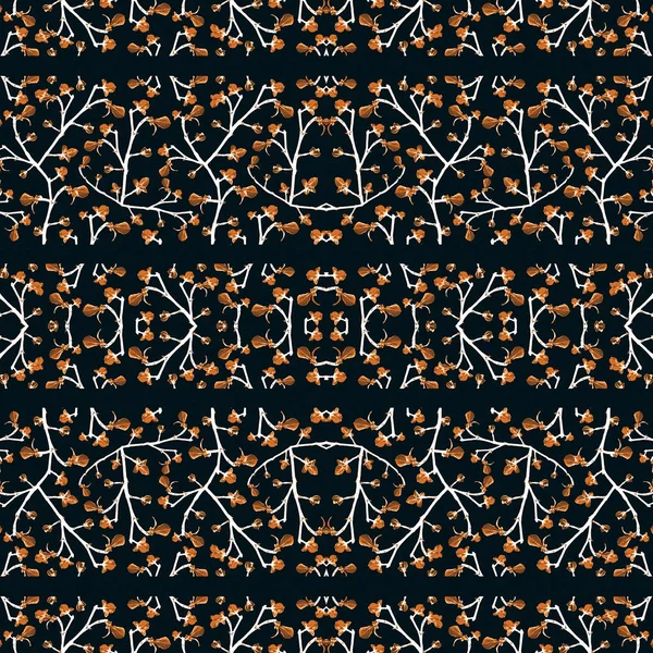 Koyu mavi arka plan karşı turuncu ve beyaz renklerde Dijital Kolaj tekniği çiçek dantel motif seamless modeli.