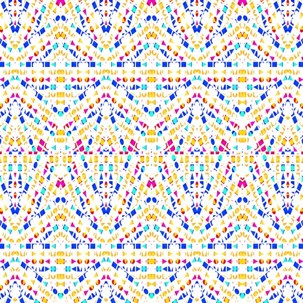 Digital abstract geometric shapes seamless pattern design in mixed vivid colors over white background
