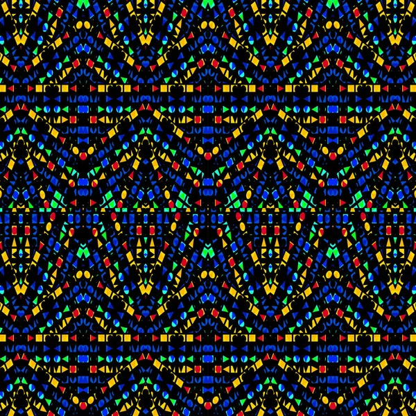 Digital abstract geometric shapes seamless pattern design in mixed vivid colors over black background