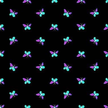 El çizmek kelebek motifi Dikişsiz desen tasarımı siyah arka plan karşı soğuk renklerde.