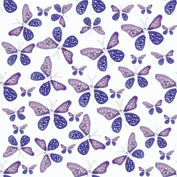 Hand Draw Butterflies Motif Seamless Pattern Design Cold Colors White — Stock Photo, Image
