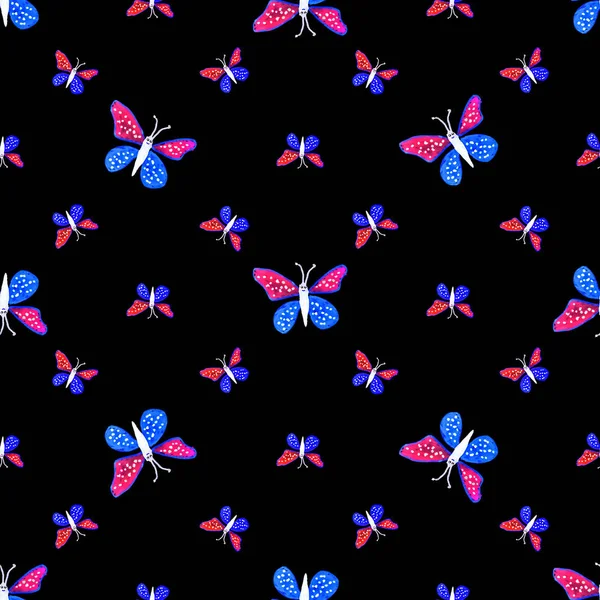 Hand Draw Butterflies Motif Seamless Pattern Design Red Blue Colors — Stock Photo, Image