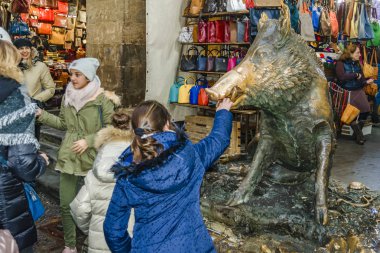 Floransa, İtalya, Ocak - 2018 - geleneksel ritüel yaban domuzu ağız heykel tarihi merkezi Floransa, İtalya, san lorenzo pazarında dokunmadan