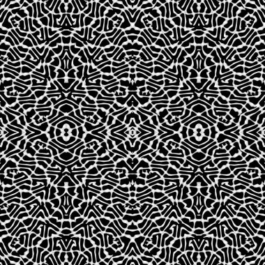 Dijital sanat tekniği soyut geometrik etnik ya da kabile tarzı siyah ve beyaz renklerde kusursuz desen tasarımı