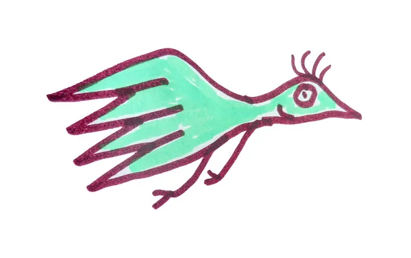 Cartoon Kids Style Hand Draw Illustration Side View Bird Flying — Stock Photo, Image