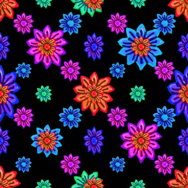 Dijital sanat tekniği çiçek motifi Dikişsiz desen tasarımı çok renkli tonlarda koyu arka plan üzerinde stilize.