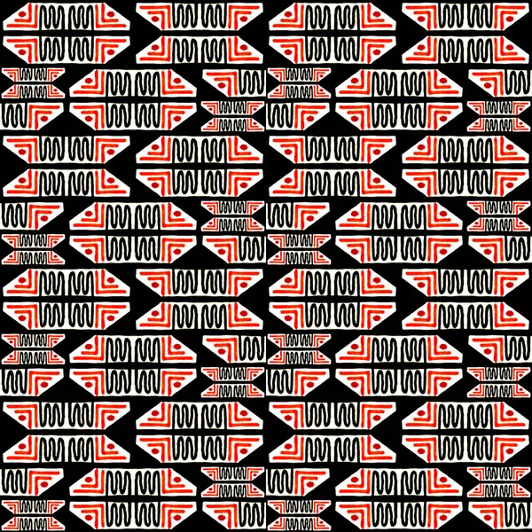 Dijital tarzı tekniği modern soyut geometrik etnik veya kabile stili Dikişsiz desen tasarımı kırmızı ve siyah ve beyaz renklerde