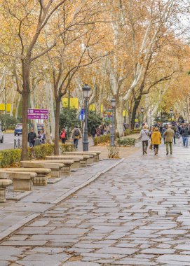 Madrid, İspanya, Aralık - 2017 - insanlar, Arnavut kaldırımı Paseo del prado kaldırım Madrid, İspanya, sokak yürüyüş