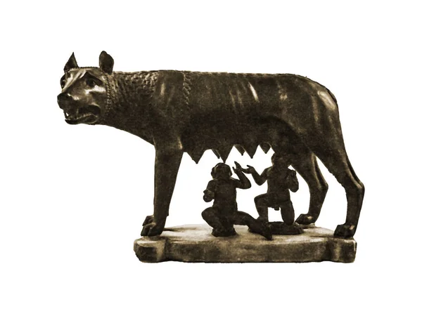 Vista Lateral Famosa Romana Mitológica Escultura Lobo Isolado Fundo Branco — Fotografia de Stock